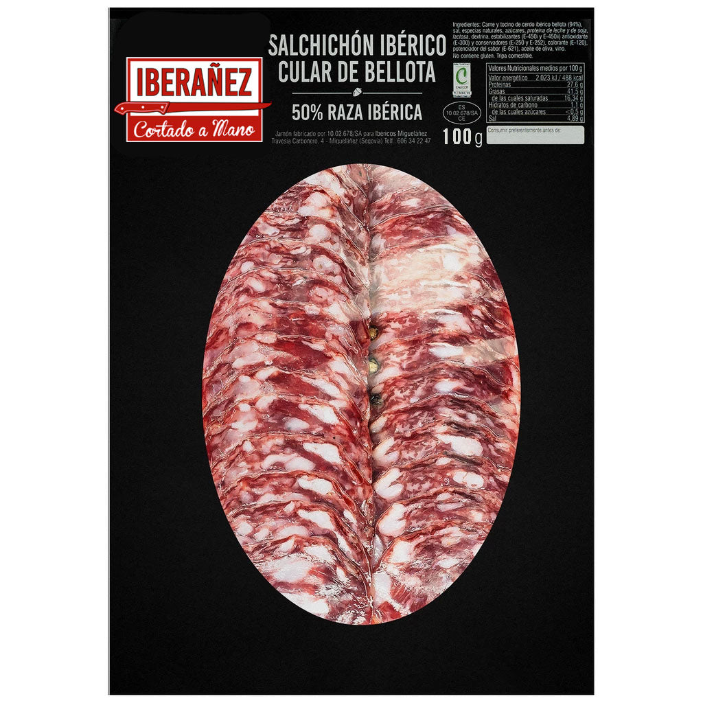 Iberian cular acorn-fed salchichón sliced and vacuum packed