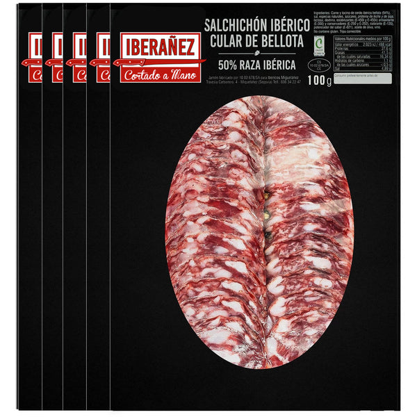 Iberian cular acorn-fed salchichón sliced and vacuum packed