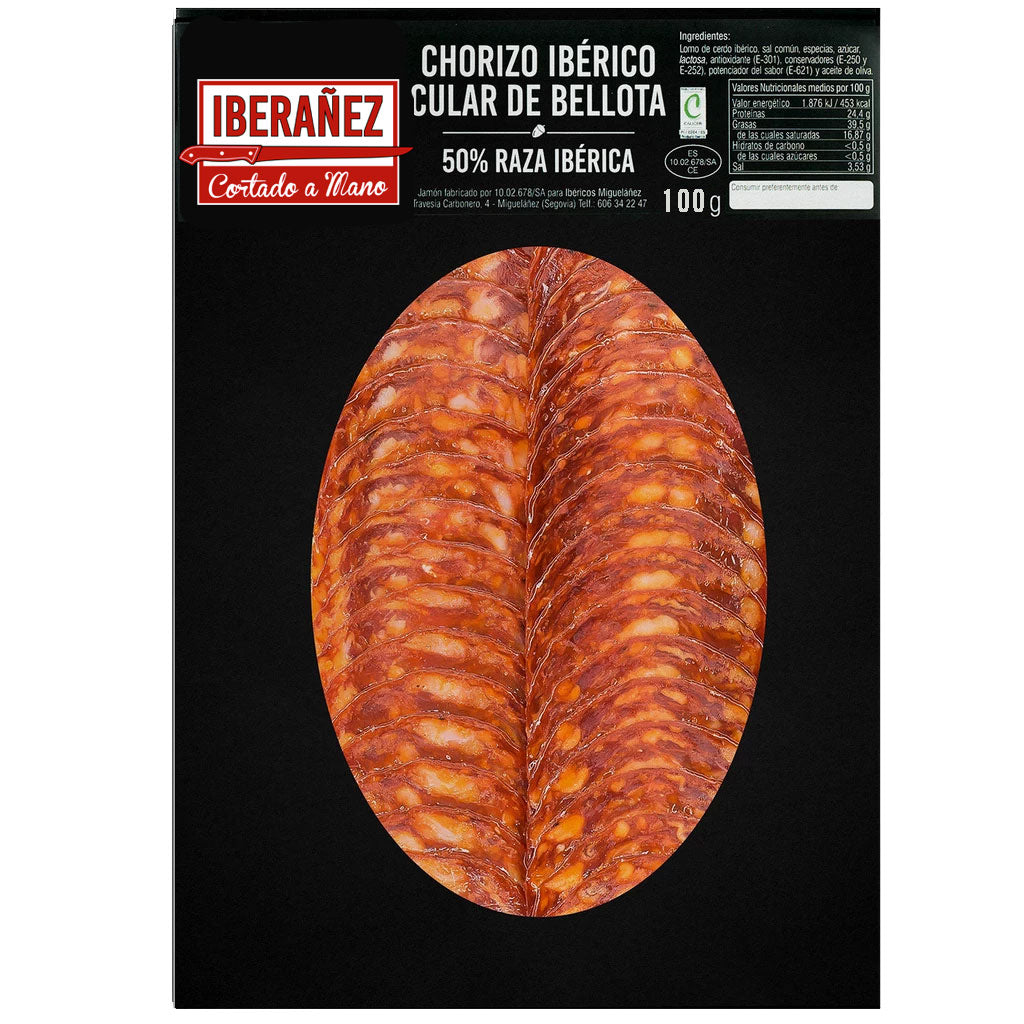 Iberico Chorizo Cular de Bellota sliced and vacuum packed